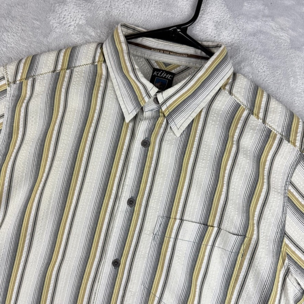 Kuhl Shirt Mens Medium Seersucker Striped Short Sleeve Button Up Brown Green